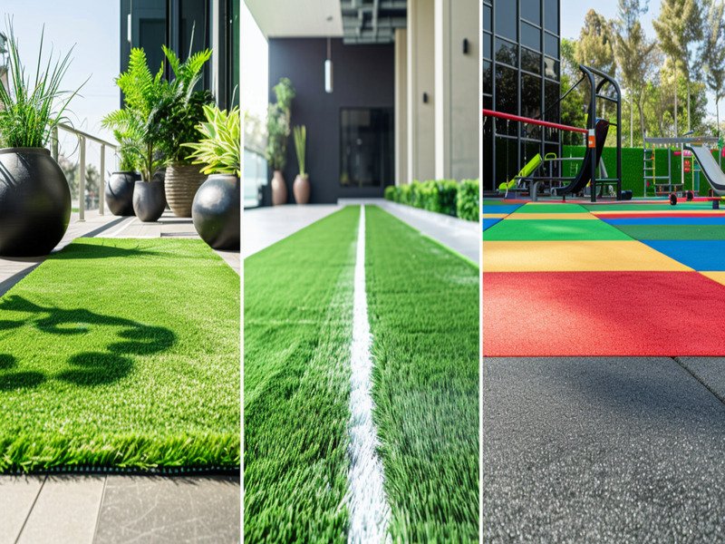 A collage of artificial turf applications: a green residential backyard, a durable gym sled track, and a safe playground surface